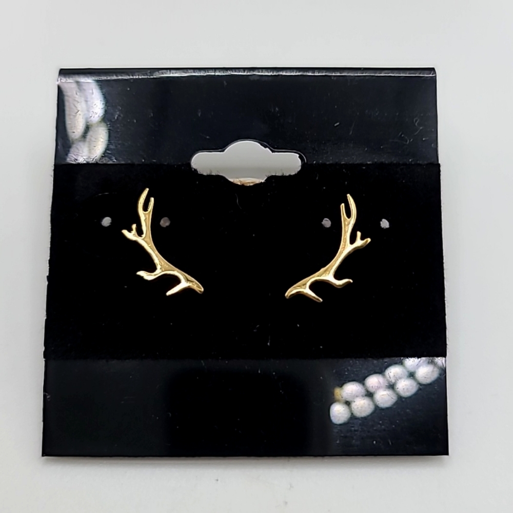 Little Gold Deer Antler Stud Earrings - Picture 3 of 3